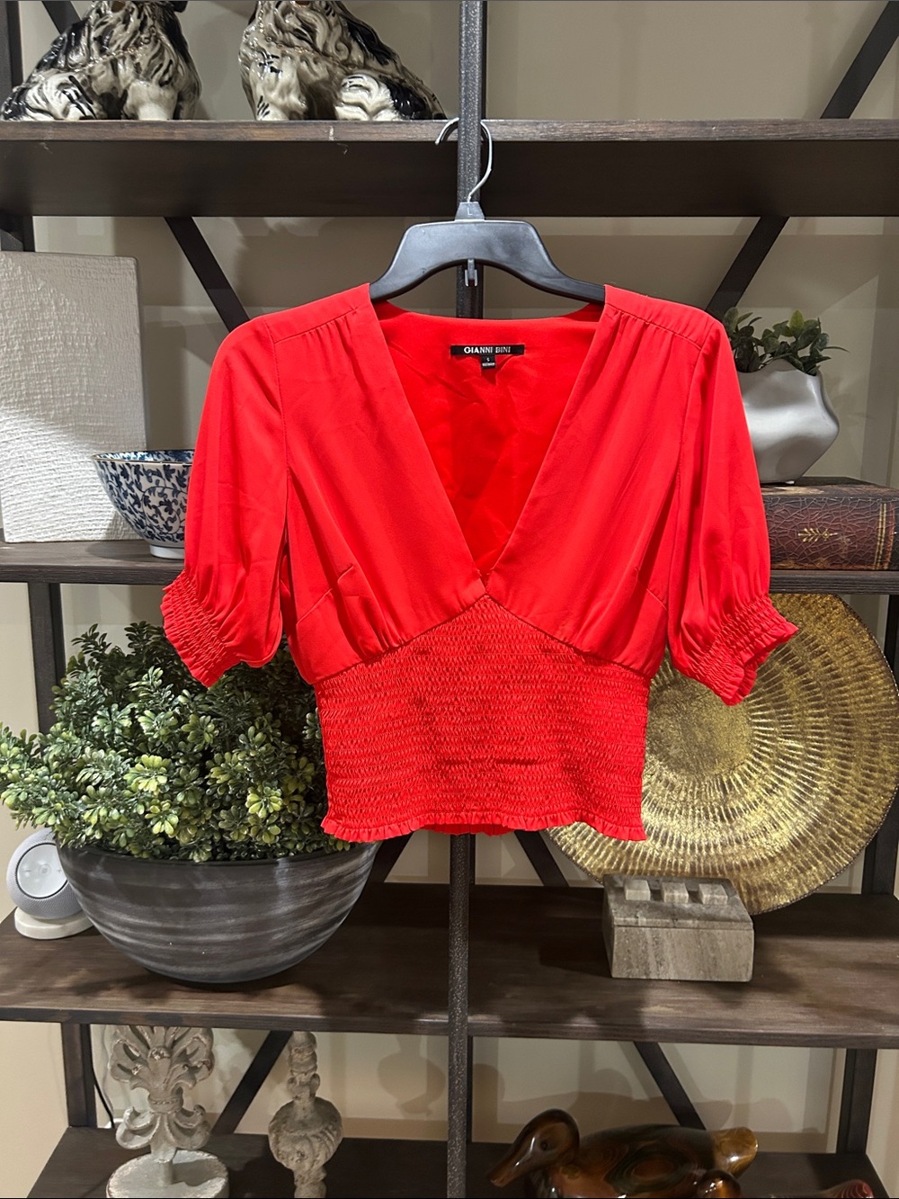 Gianni Bini Bright Red Smocked Waist V-Neck Crop Top